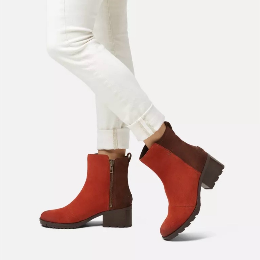 SOREL’s Red/Brown 2-tone Suede Cate Ankle Bootie (US size 7 EU size 38)